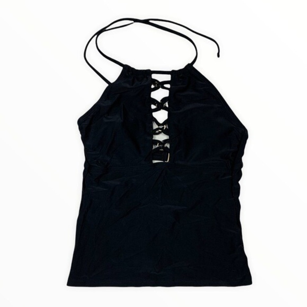 Hula Honey Black Lace Up Halter Tankini Top Beachwear Boho Y2K Aesthetic Small